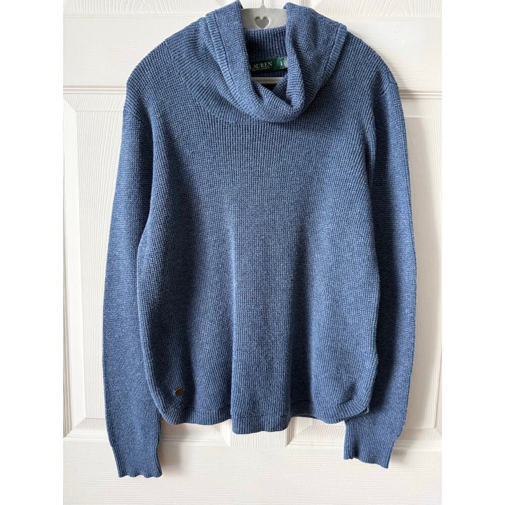 Lauren Ralph Lauren Blue Waffle‎ Knit Sweater Cotton Mock Neck L Minimalist Cozy